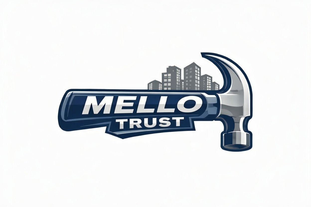 Mello Trust navy and silver hammer logo
